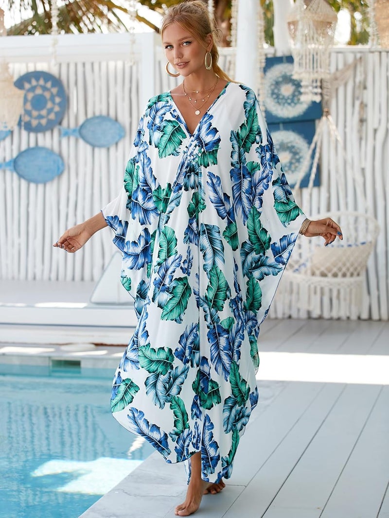 IMAGEKOPE Women's Plus Size Animal Print V-Neck Batwing Kaftan Beach Dress Bathing Suit Cover-Up Loungewear - Image 3